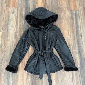 Vintage Wilsons Leather black belted coat with a faux fur-lining